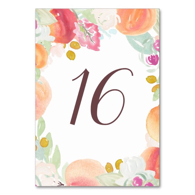 Watercolor Peaches and Flowers Table Numbers (Front)