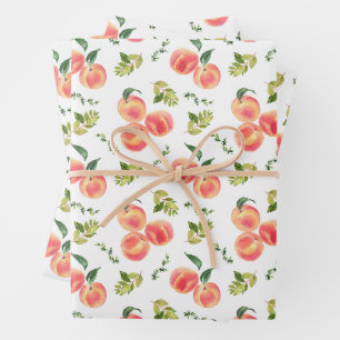 Watercolor Peaches and Greenery Pattern Botanical Wrapping Paper Sheets