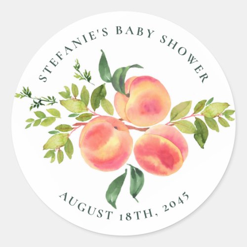 Watercolor Peaches and Greenery Summer Baby Shower Classic Round Sticker