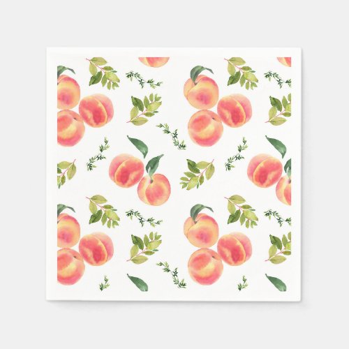 Watercolor Peaches and Greenery Summer Party Napkins