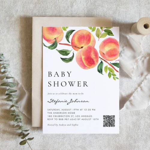 Watercolor Peaches Botanical Baby Shower QR Code Invitation