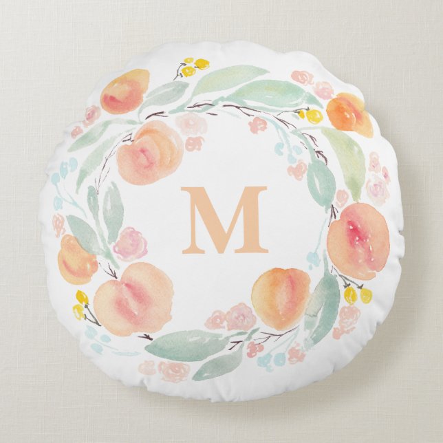 Watercolor Peaches Foliage Wreath Monogram Round Pillow (Front)