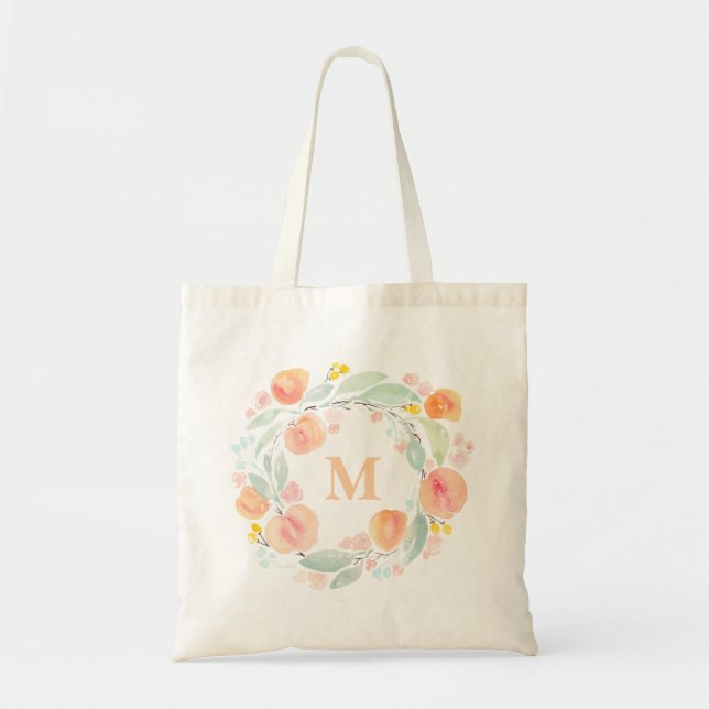 Watercolor Peaches Foliage Wreath Monogram Tote Bag (Front)