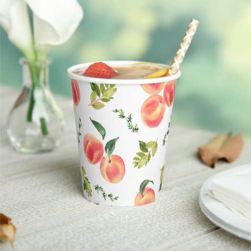 Watercolor Peaches Greenery Pattern Summer Party Paper Cups