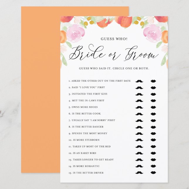 Watercolor Peaches Guess Who Bride or Groom Game (Front/Back)