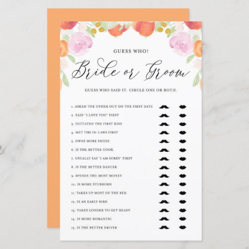 Watercolor Peaches Guess Who Bride or Groom Game