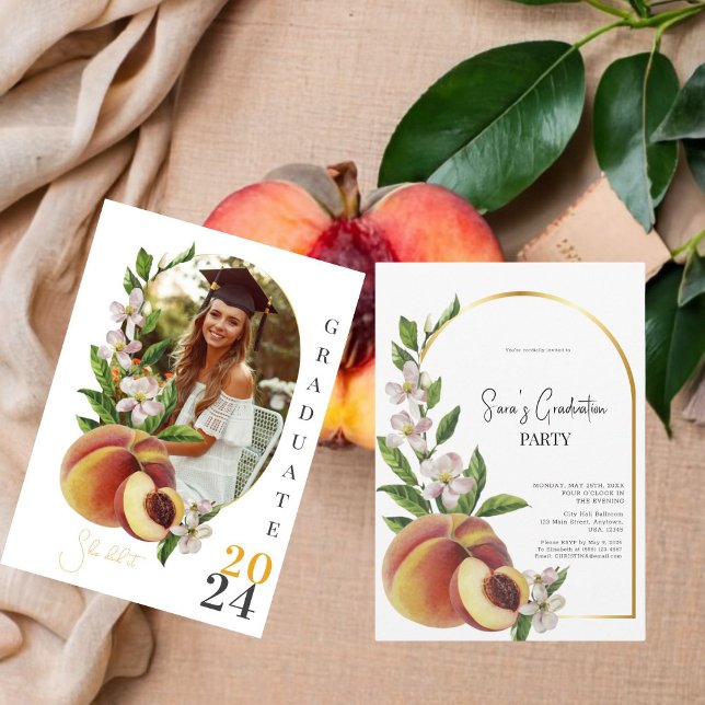  Watercolor Peaches Photo Graduation Party  Invitation (Creator Uploaded)