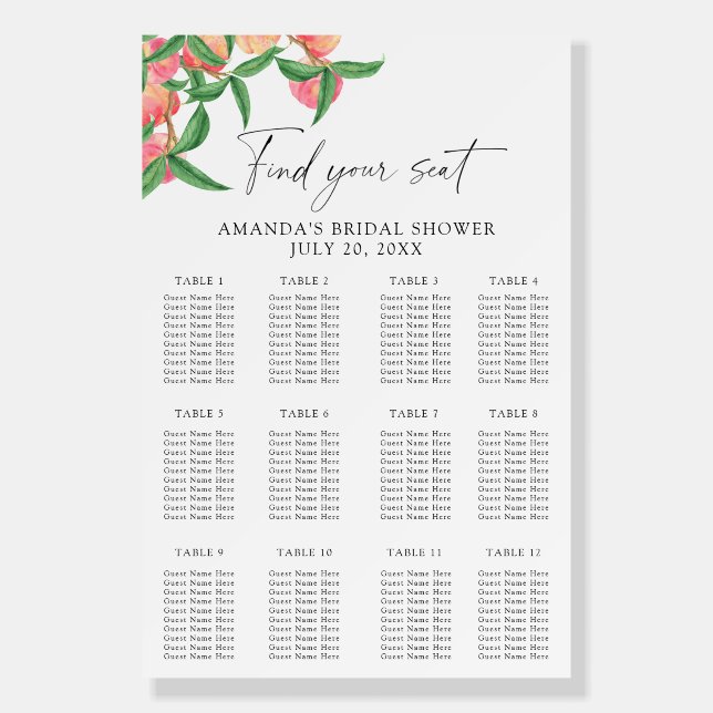 Watercolor peaches seating chart foam board (Front)