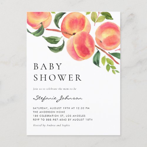 Watercolor Peaches Summer Baby Shower Invitation Postcard