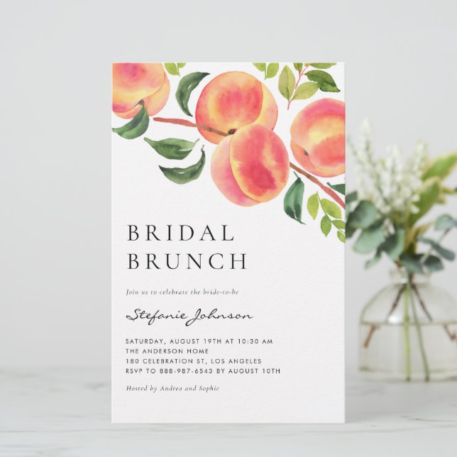 Watercolor Peaches Summer Bridal Brunch Invitation (Standing Front)