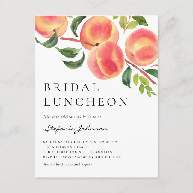Watercolor Peaches Summer Bridal Luncheon Invitation Postcard (Front)