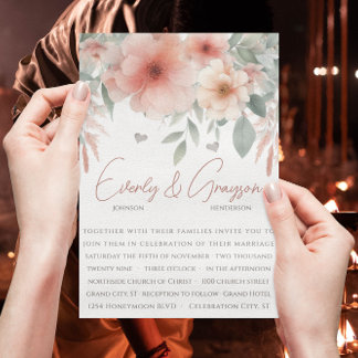Watercolor Peachy Pink Sage Green Wedding Invitation