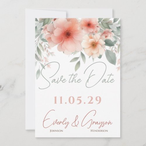 Watercolor Peachy Pink Sage Green Wedding Save The Date