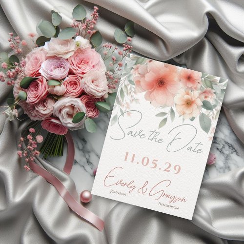 Watercolor Peachy Pink Sage Green Wedding Save The Date