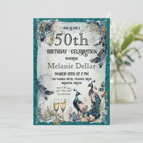 Watercolor Peacock 50th Birthday Invitation