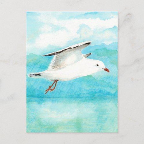 Watercolor Peacock Blue Seagull in the Rain Bird Postcard