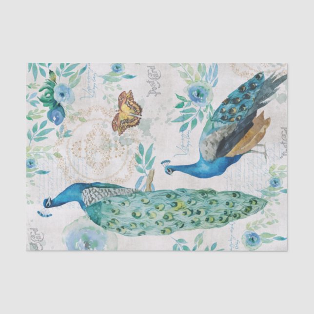 Watercolor Peacock, Butterflies & Blue Florals Tissue Paper (Front)