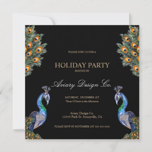  Watercolor Peacock Corporate Christmas Party Invitation