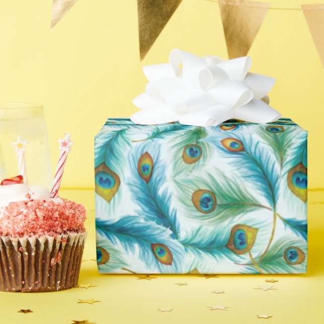 Watercolor Peacock Featers Pattern Wrapping Paper (Birthday Party)