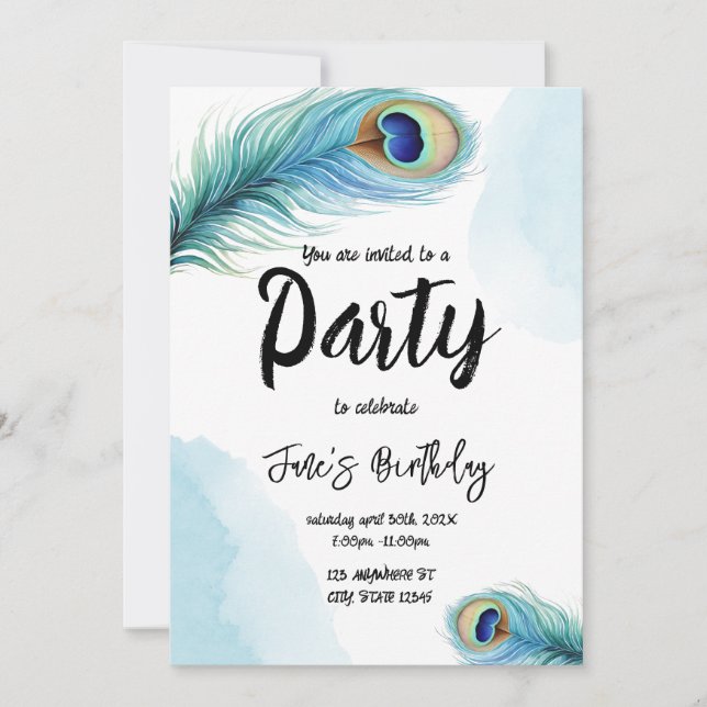 Watercolor Peacock Feather birthday party Invitation (Front)