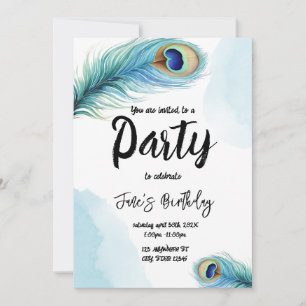 Watercolor Peacock Feather birthday party Invitation