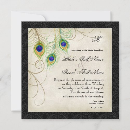 Audrey Jeanne Peacock Feather Black Damask Invite