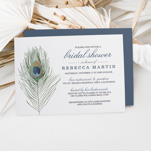 Watercolor Peacock Feather Bridal Shower Invitation