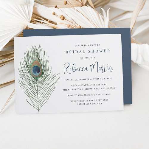 Watercolor Peacock Feather Bridal Shower Invitation