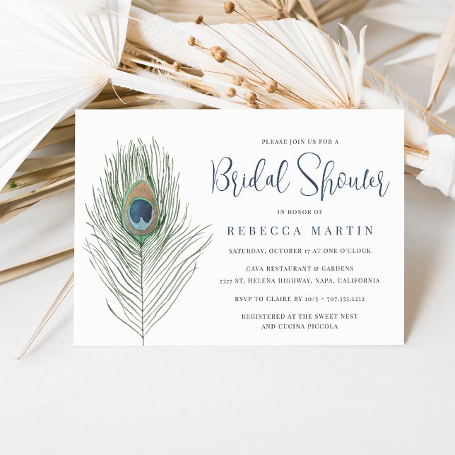 Watercolor Peacock Feather Bridal Shower Invitation (Creator Uploaded)