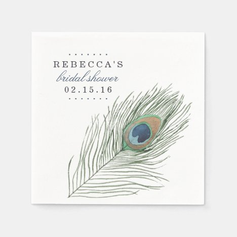 Watercolor Peacock Feather Bridal Shower Paper Napkin