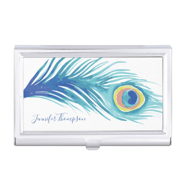 Watercolor Peacock Feather Business Card Case (Front)