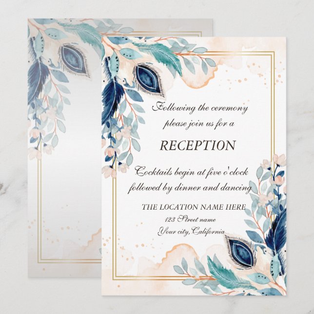 Watercolor Peacock Feather Floral Reception Invitation (Front/Back)