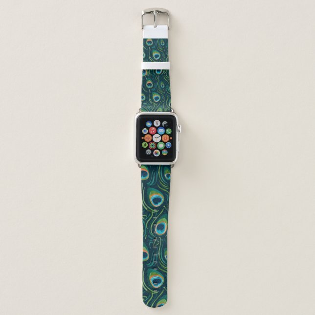 Watercolor Peacock Feather Pattern Apple Watch Band (Front)