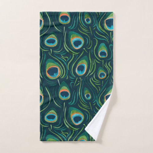 Watercolor Peacock Feather Pattern Hand Towel