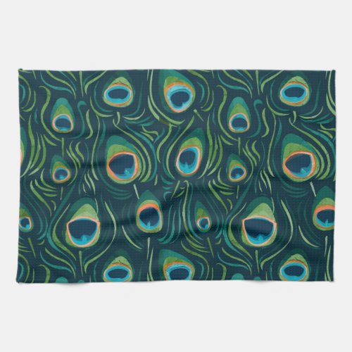 Watercolor Peacock Feather Pattern Kitchen Towel