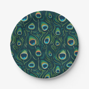Watercolor Peacock Feather Pattern Paper Plates