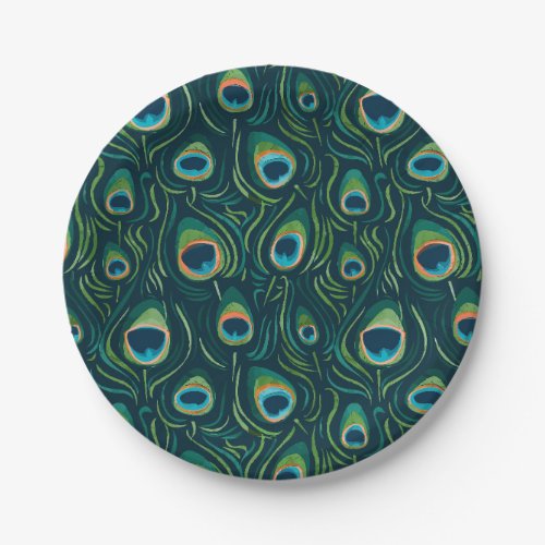 Watercolor Peacock Feather Pattern Paper Plates