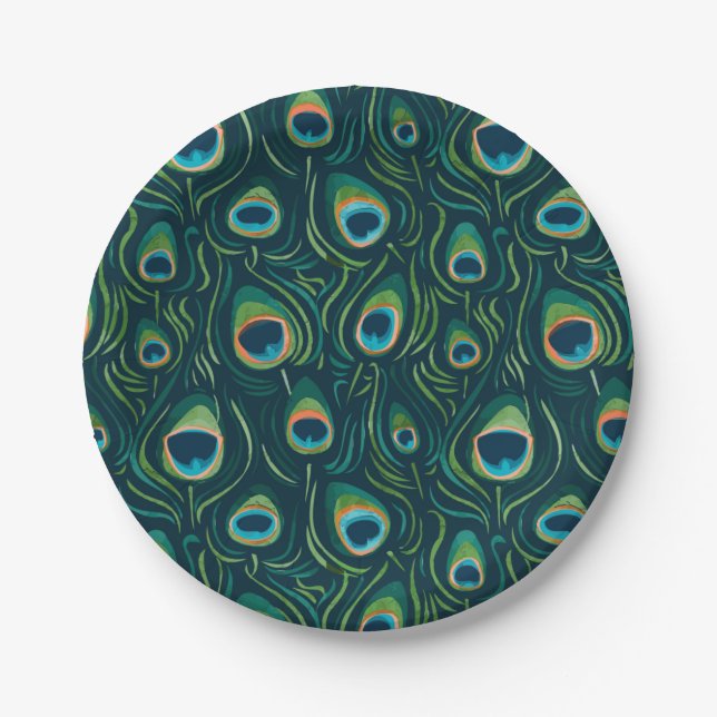 Watercolor Peacock Feather Pattern Paper Plates (Front)