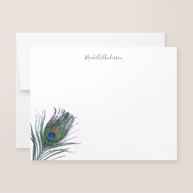 Watercolor Peacock Feather Personalized Note Card (Creator Uploaded)