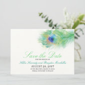 Watercolor Peacock Feather Save the Date (Standing Front)