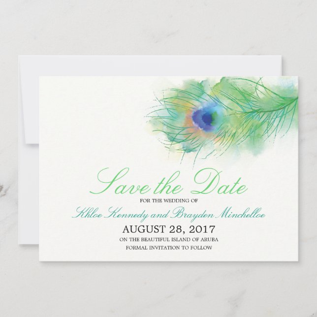Watercolor Peacock Feather Save the Date (Front)