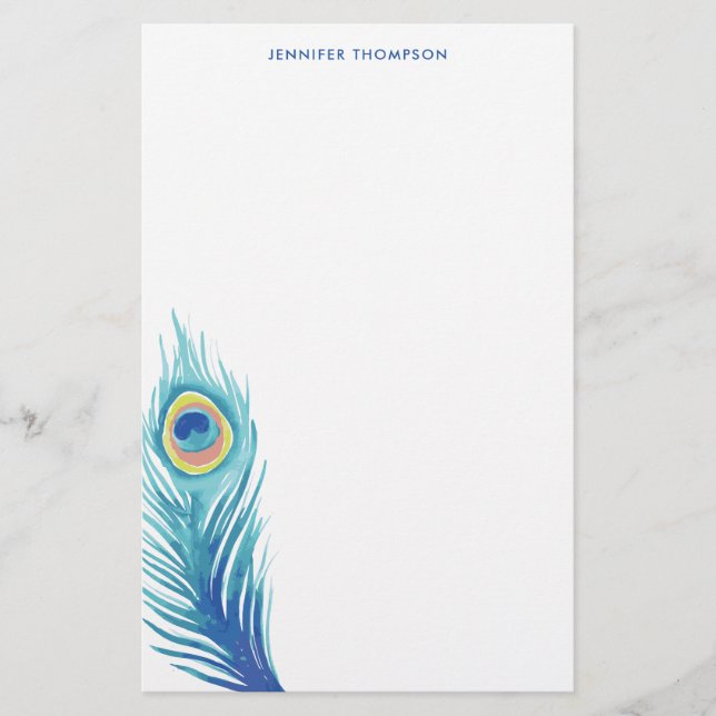 Watercolor Peacock Feather Stationery (Front)