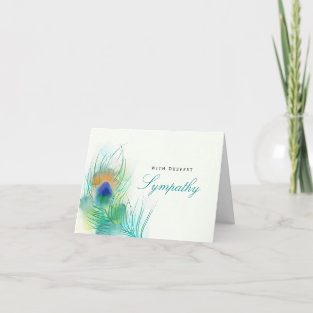 Watercolor Peacock Feather Sympathy Thank You Card (Front)