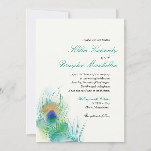 Watercolor Peacock Feather Wedding Invitation