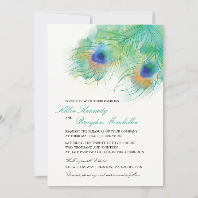 Watercolor Peacock Feather Wedding Invitation (Front)