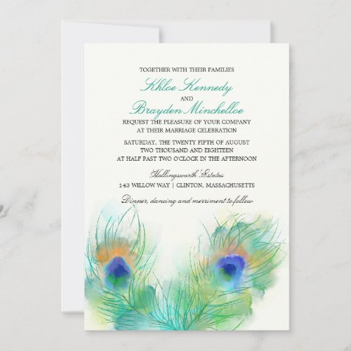 Watercolor Peacock Feather Wedding Invitation