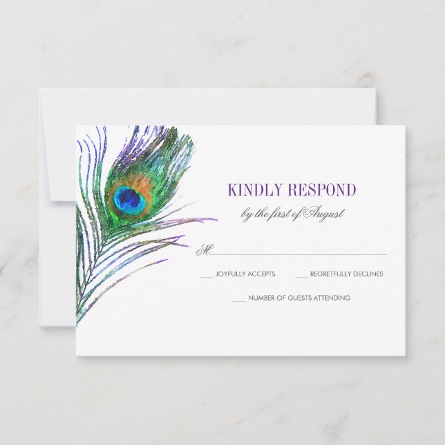 Watercolor Peacock Feather Wedding RSVP (Front)