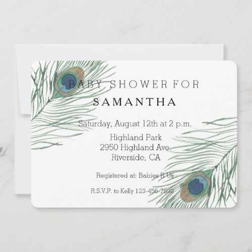 Watercolor Peacock Feathers baby shower Invitation