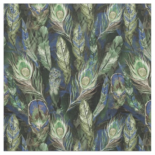 Watercolor Peacock Feathers Pattern Blue  Green Fabric
