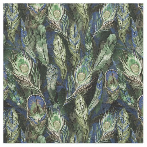Watercolor Peacock Feathers Pattern Blue | Green Fabric